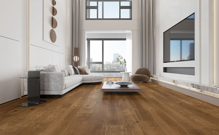 warm toned hardwood flooring in living room with modern decor