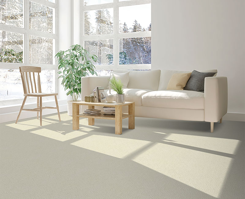 cream carpet in living room with white couch and coffee table